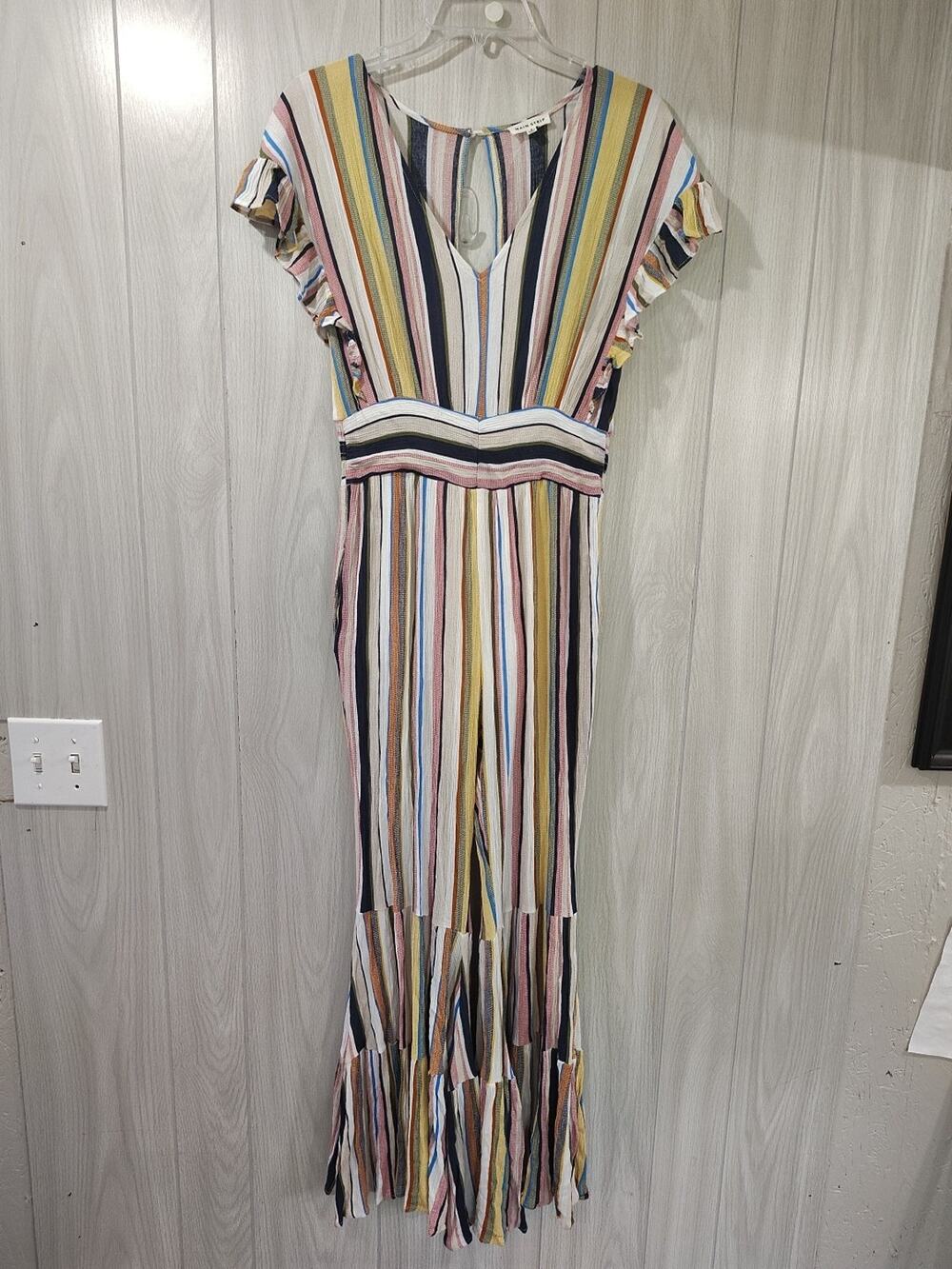 Women's Stripe Jumpsuit S Tiered Bell Bottom Festival Hippie Boho Main Strip
